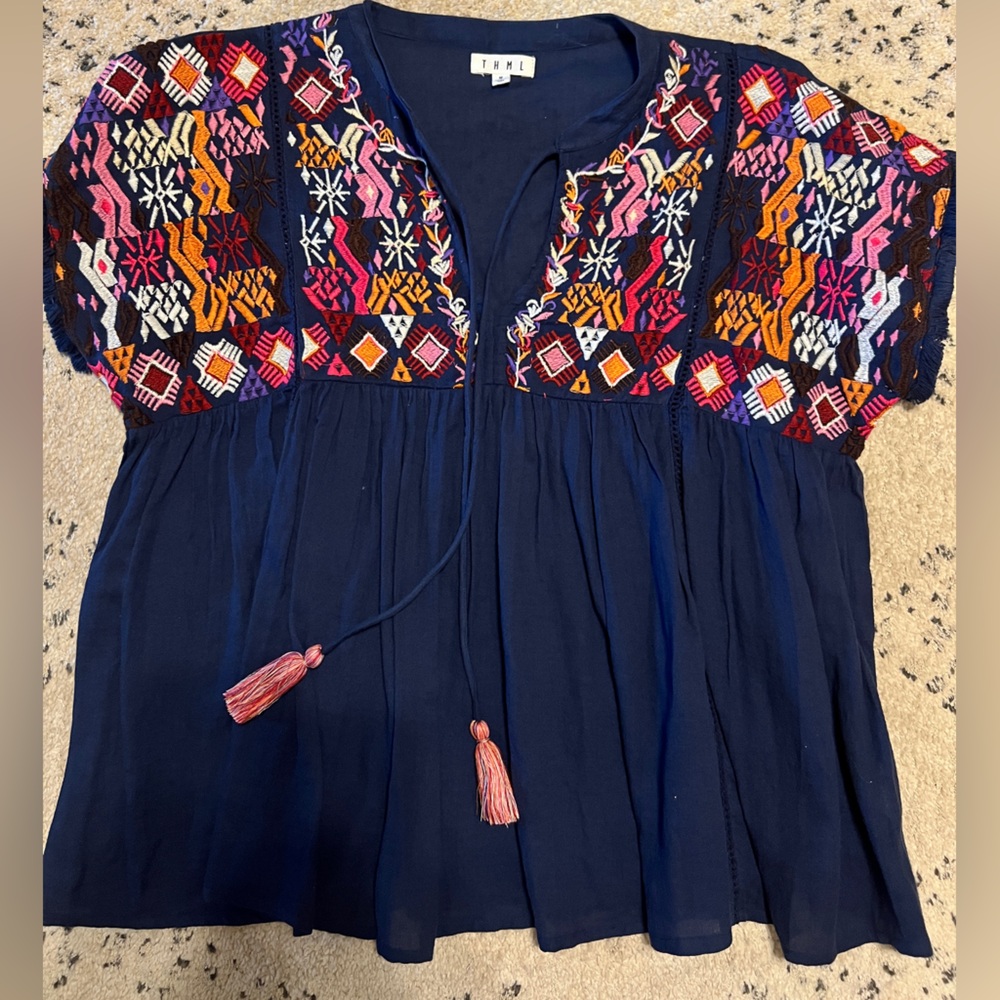 THML Navy Embroidered Women Top. Size medium